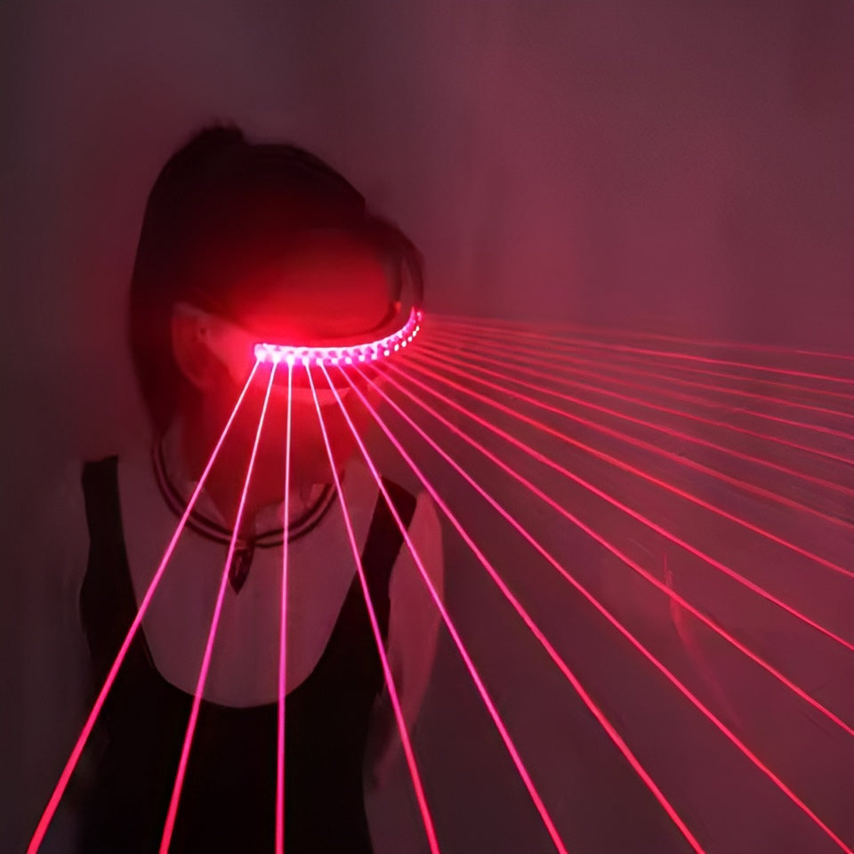 A model wearing LED cyberpunk glasses, featuring illuminated lenses and a sleek, modern design, perfect for a futuristic and tech-inspired look.