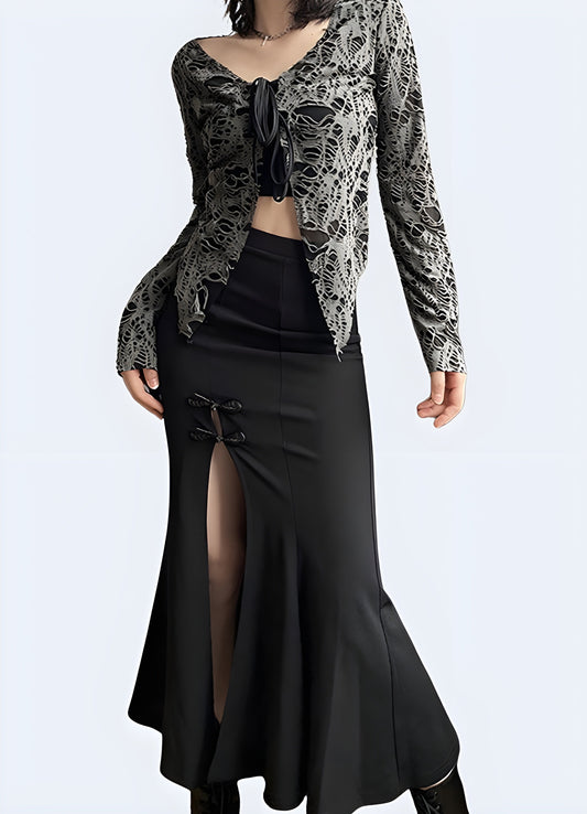 Dramatic long black gothic skirt, perfect for creating an edgy and mysterious look for alternative fashion enthusiasts in the Canada.