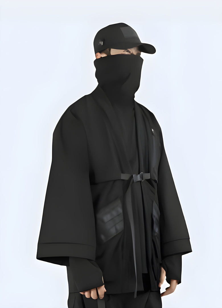 Elegant long black kimono jacket for man, combining traditional Japanese style with modern sophistication, perfect for making a statement in the Canada fashion scene.