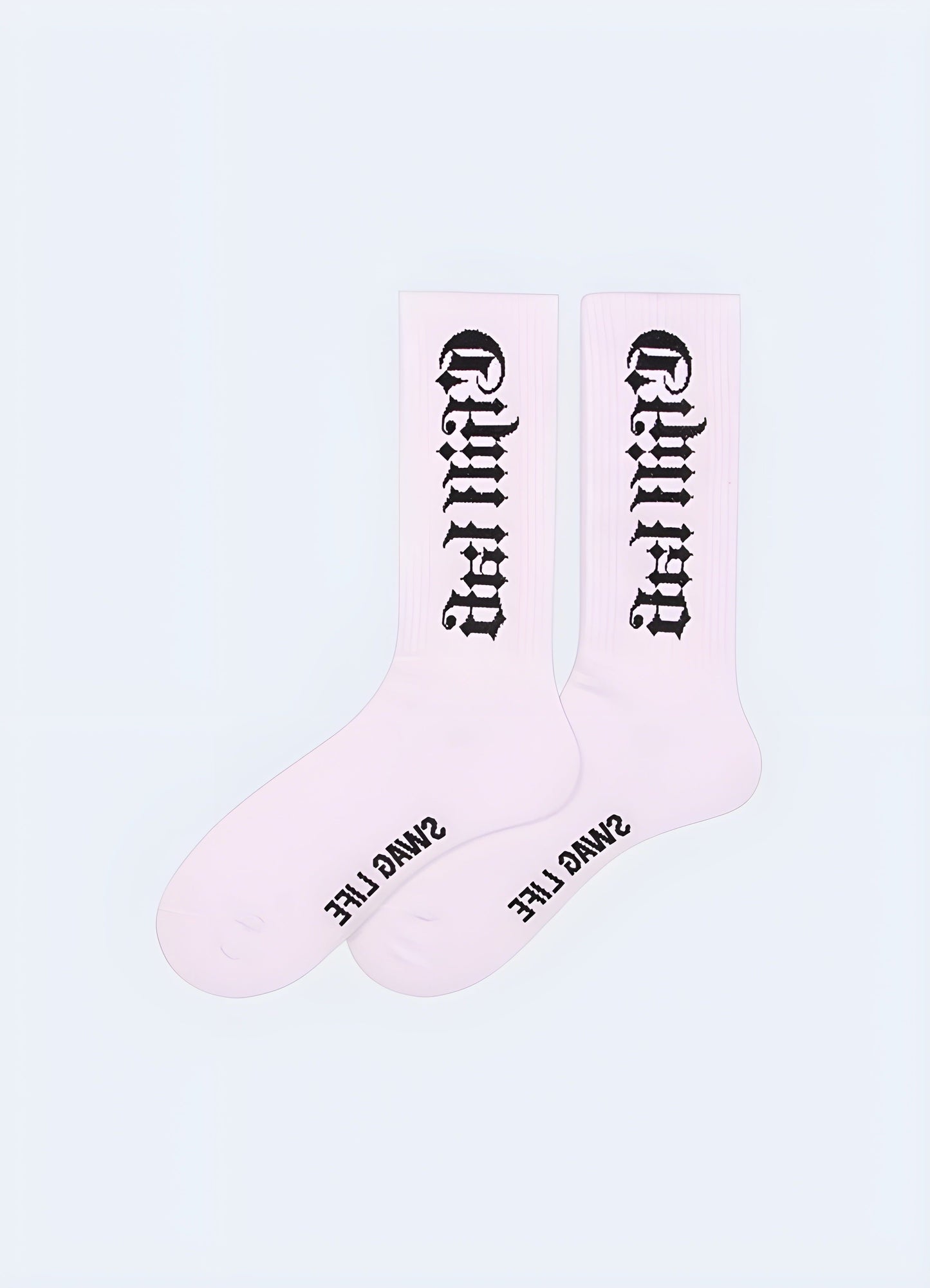 Side view of white long gothic socks, showcasing the detailed patterns and high-quality materials that appeal to Canada fans of gothic style.