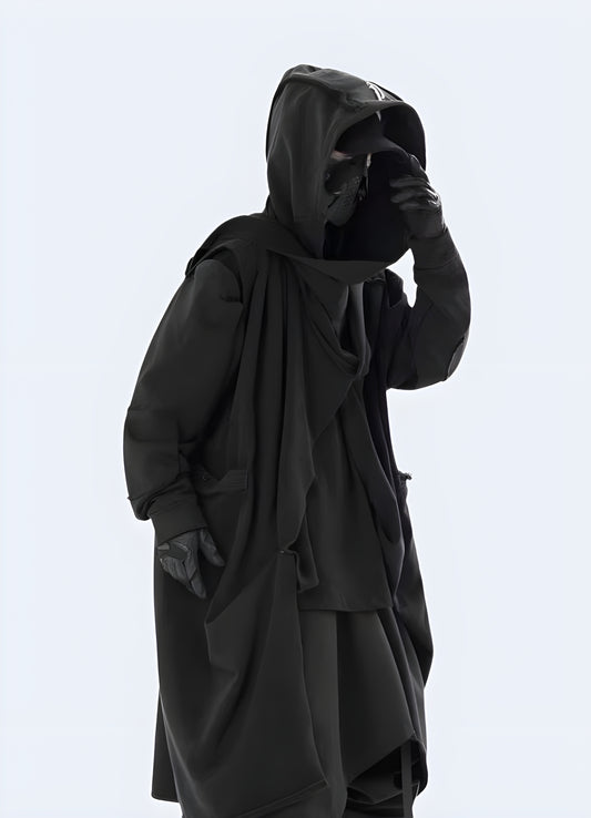 Elongated techwear jacket designed with advanced materials and functional features, providing enhanced protection and style for urban exploration and everyday wear in Canada's diverse climates.