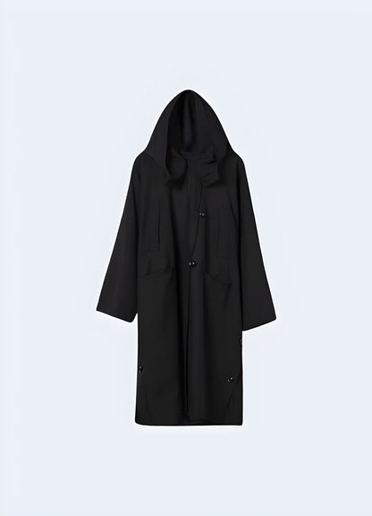 Long black techwear jacket Canada – functional waterproof streetwear coat with minimalist design for men