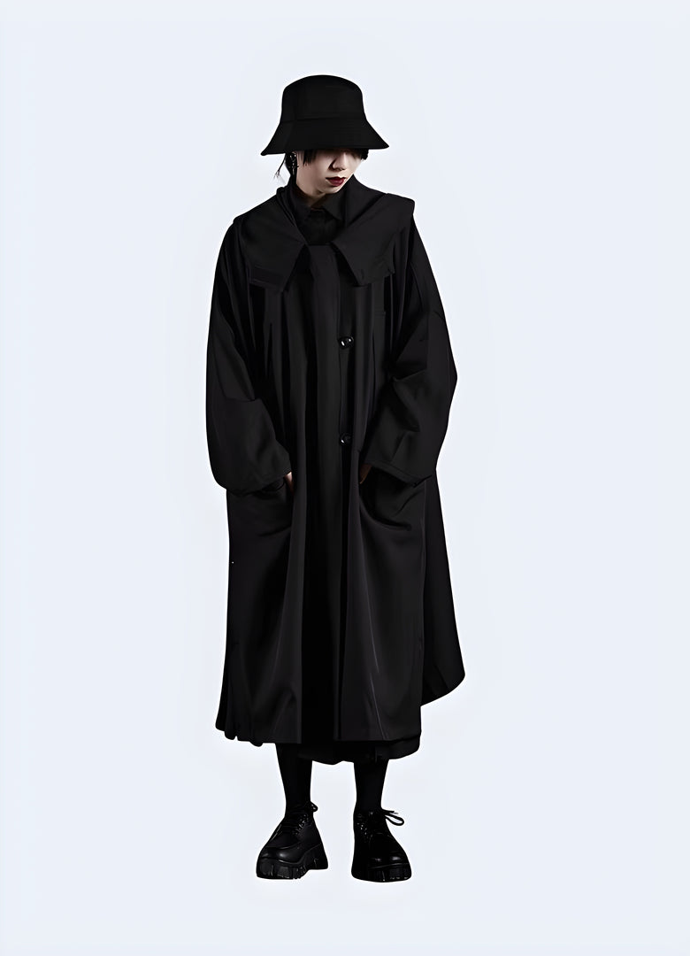Long black techwear jacket face view Canada – waterproof urban streetwear coat with minimalist design and futuristic style