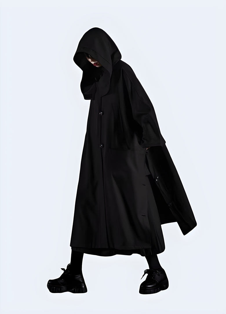 Long black techwear jacket side view Canada – functional waterproof streetwear coat with modern minimalist design