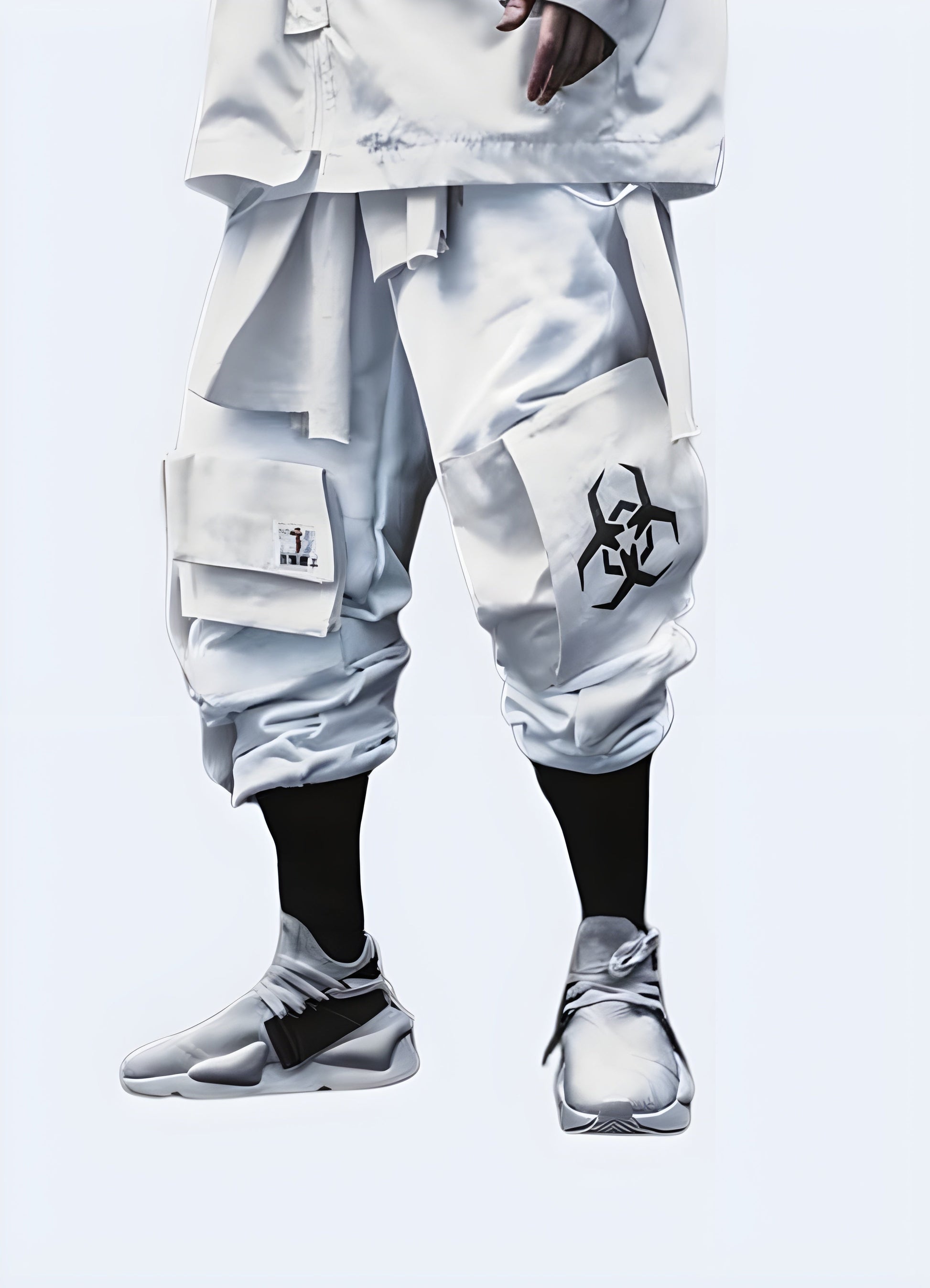 Front view of a man donning attention-grabbing white biohazard pants in Canada, ideal for those seeking to stand out from the crowd with their fearless fashion choices.