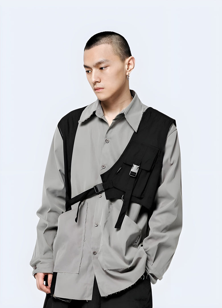 Handsome man wearing a trendy black half vest, showcasing the front view of this must-have menswear item in the Canada.