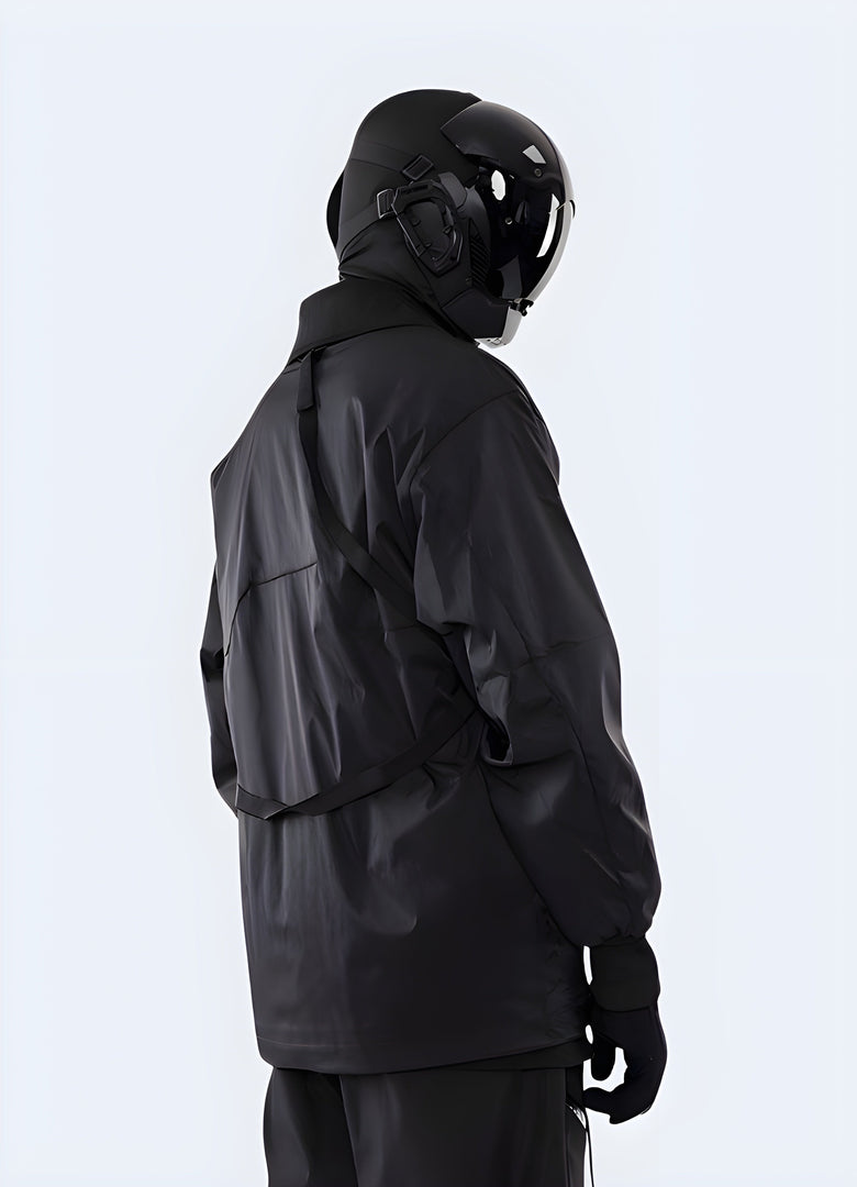 Model showcasing the back view of a luxurious black kimono robe in the Canada, highlighting the garment's elegant drape, traditional Japanese design, and attention to detail, perfect for relaxation or as a sophisticated loungewear piece that prioritizes comfort and style.