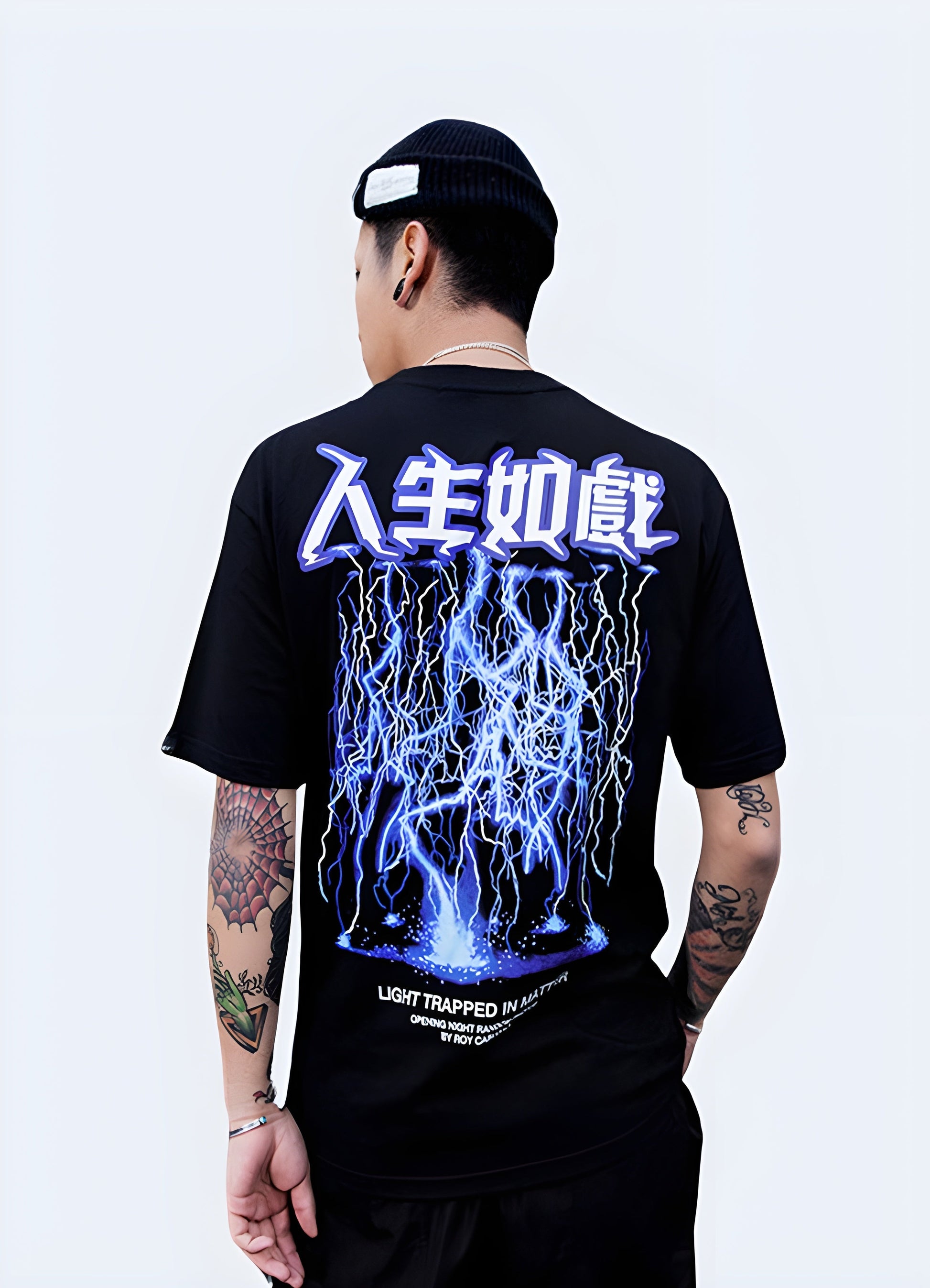 Back view of a man sporting a black lightning shirt, emphasizing its unique and electric design that adds a touch of excitement to any outfit in the canada.