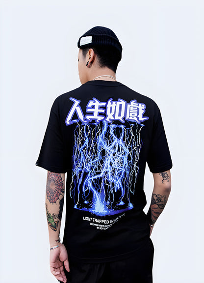 Back view of a man sporting a black lightning shirt, emphasizing its unique and electric design that adds a touch of excitement to any outfit in the canada.