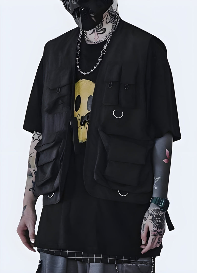 Front view of a man wearing a cargo vest jacket with a hood and multiple pockets, suitable for outdoor adventures and casual streetwear.