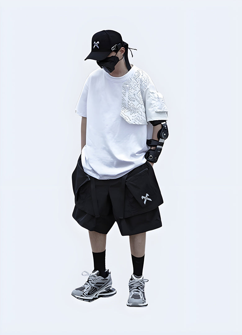 Front view of a man wearing a High Tech Low Life shirt, emphasizing its unique style and comfortable fit for cyberpunk fans in the canada.