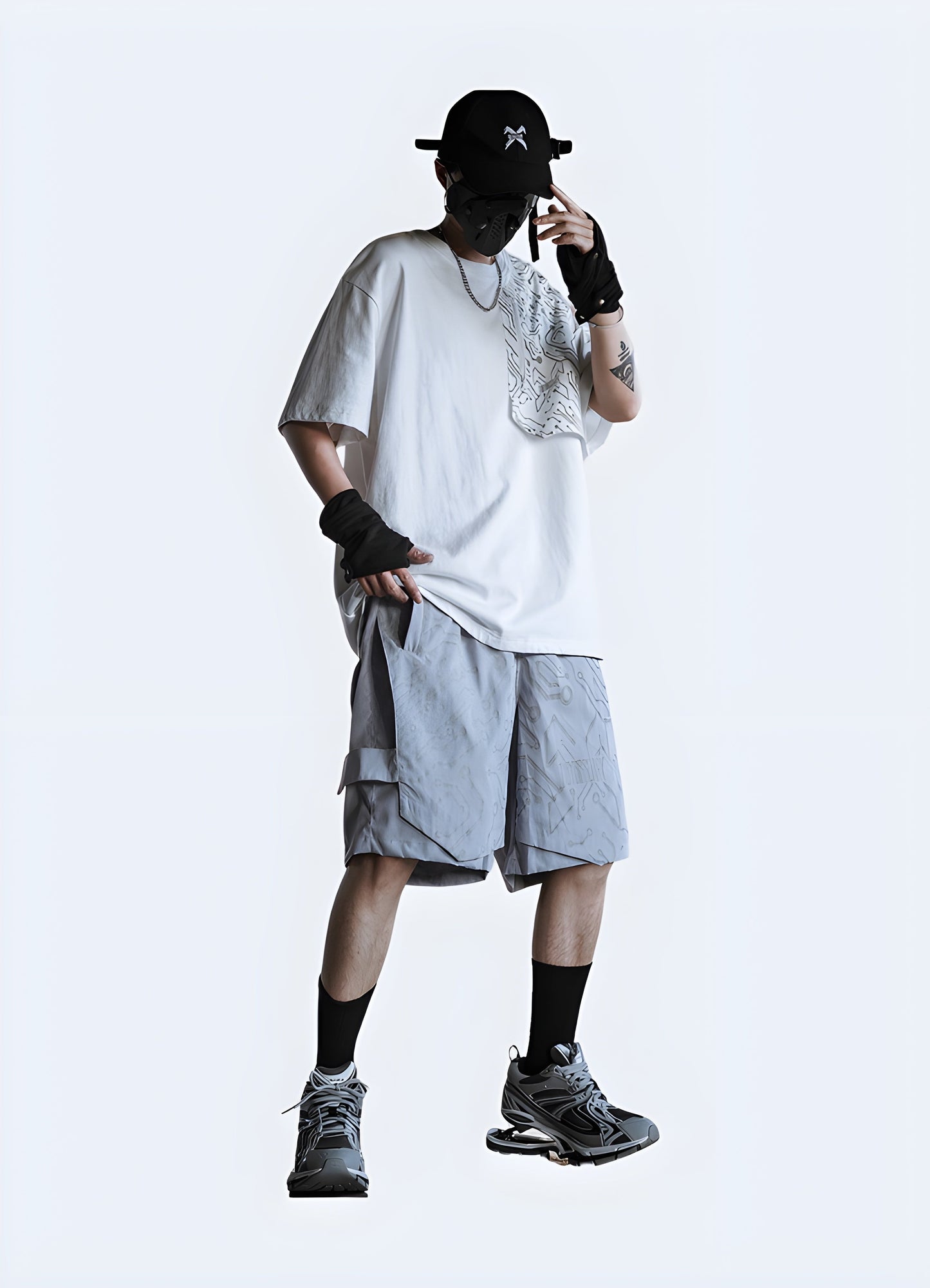 Front side view of a man wearing cybernetic shorts, highlighting the unique features and avant-garde style, suitable for the fashion-forward individual.