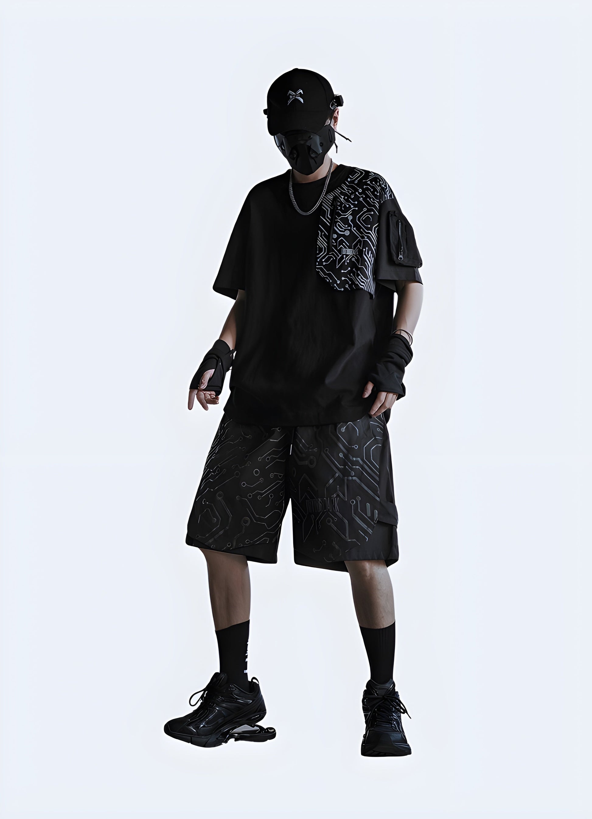 Front view of a man wearing cybernetic shorts, featuring the cutting-edge design and high-tech aesthetic, ideal for the cyberpunk fashion Canada.