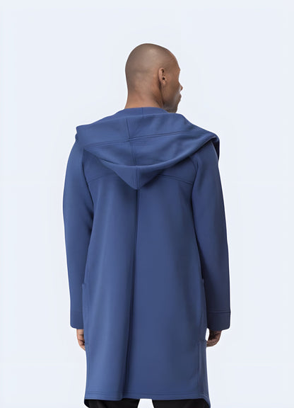 Back view of a man wearing a cyberpunk cloak, showcasing its unique silhouette and high-quality construction for a cutting-edge look in the Canada.