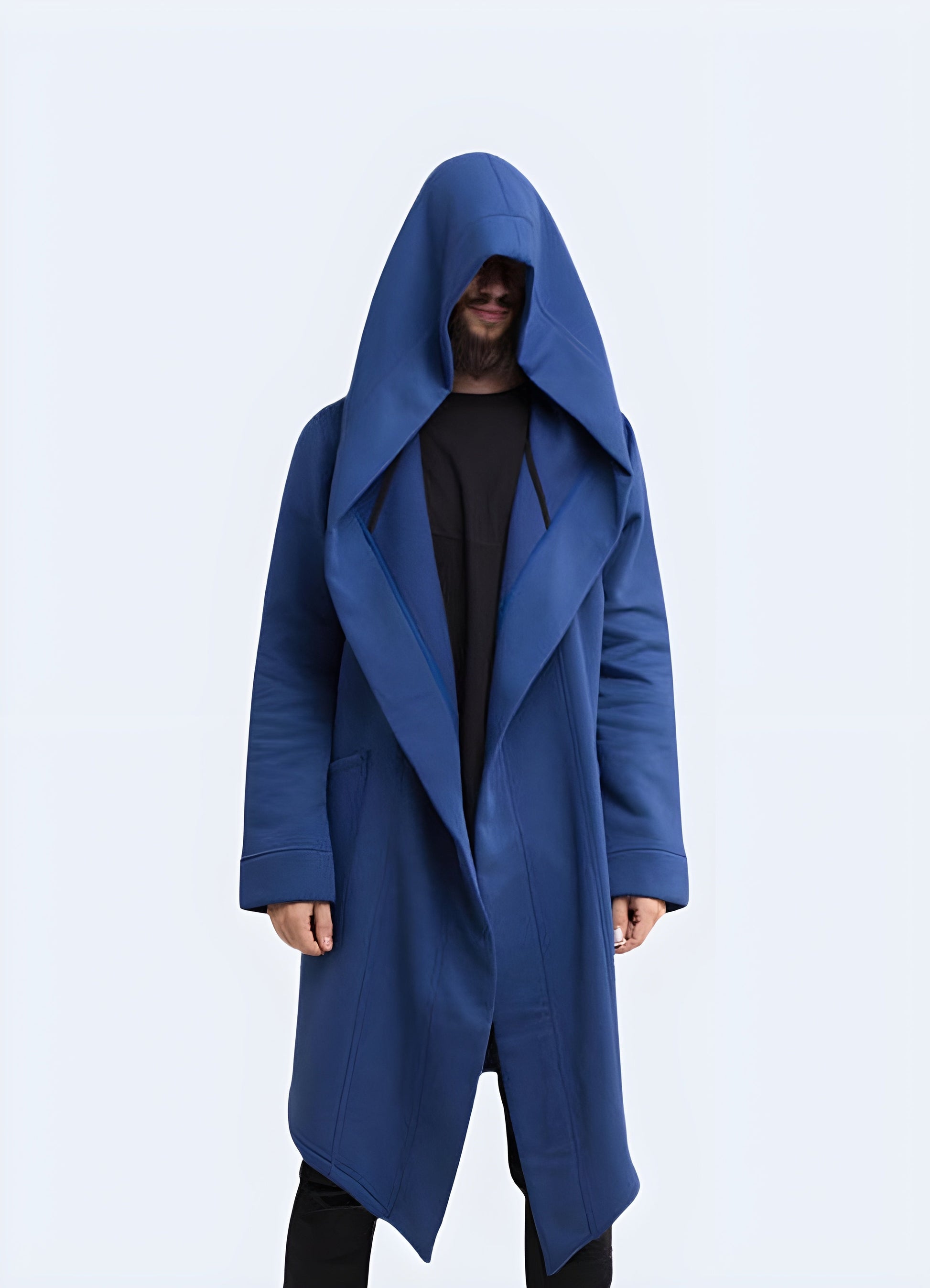 Front view of a man donning a blue cyberpunk cloak, emphasizing its striking hue and futuristic aesthetics, ideal for making a strong impression in the Canada.