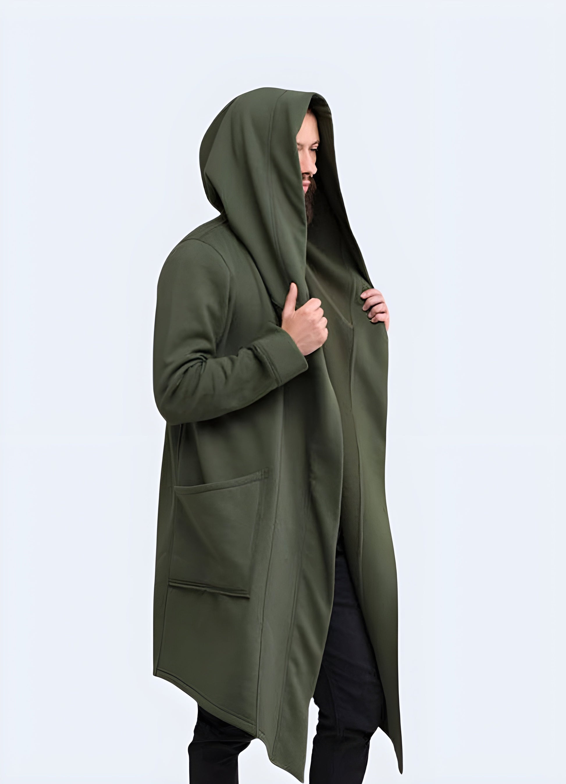 Front view of a man sporting a green cyberpunk cloak, highlighting its eye-catching color and avant-garde design for those who appreciate unconventional fashion in the Canada.