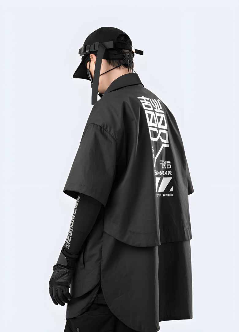 Back side view of a man donning an avant-garde cyberpunk kimono in black and red, photographed in the Canada.