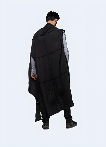 Back view of a man wearing a cutting-edge cyberpunk poncho on a Canadian city street, highlighting the garment's unique style and adaptability for urban adventures.