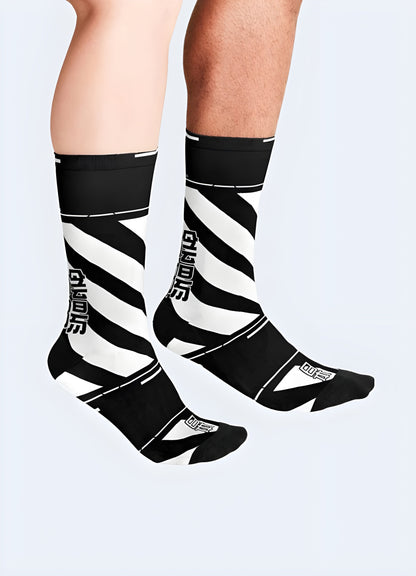 Front view of a man wearing cyberpunk socks, showcasing the bold and futuristic style that's trending in the Canada streetwear scene.