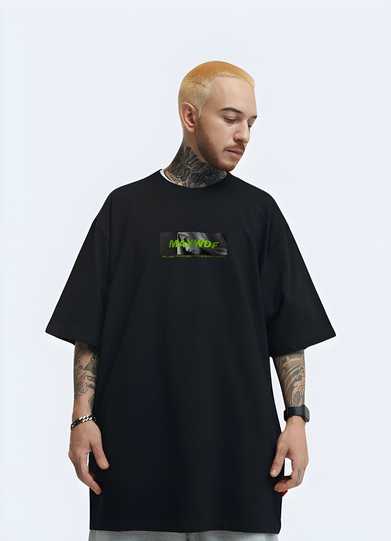 Front view of a man wearing a cyberpunk t-shirt, showcasing its eye-catching graphics and unique style inspired by the cyberpunk genre in the canada.