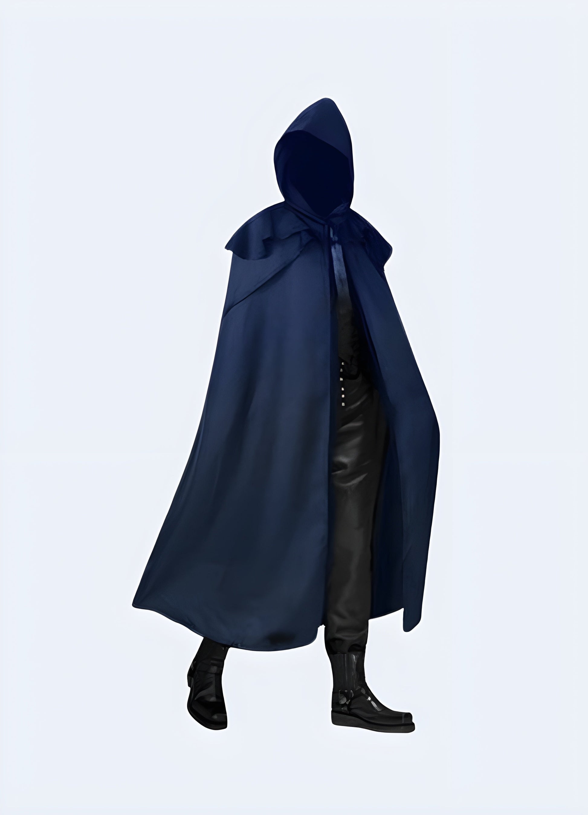 Front view of a man wearing a blue dark futuristic hooded cloak, showcasing its striking color and cutting-edge style for a bold fashion statement in the Canada.