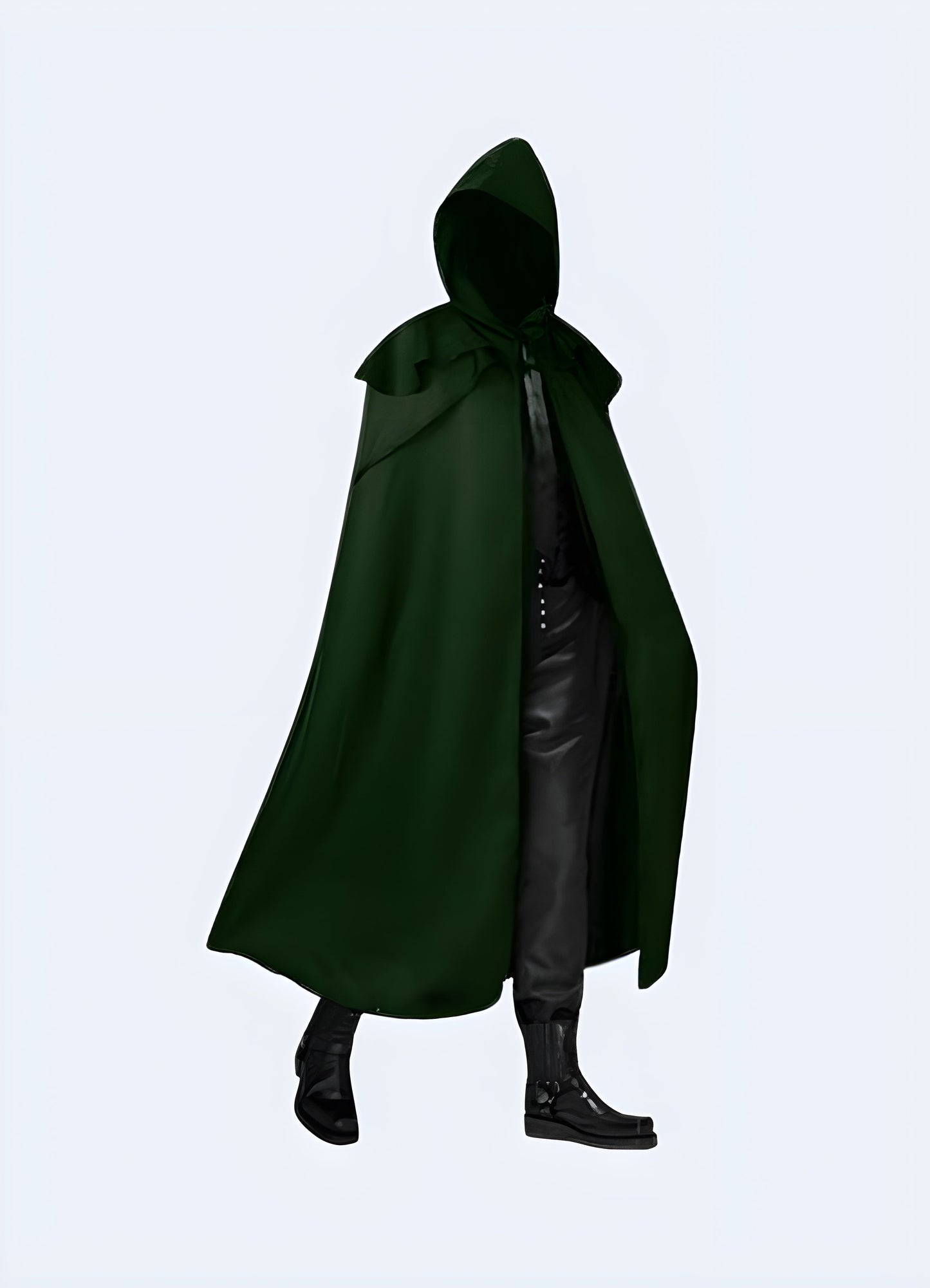 Front view of a man donning a green dark futuristic hooded cloak, emphasizing its vibrant color and sleek silhouette, perfect for making a strong impression in the Canada urban scene.