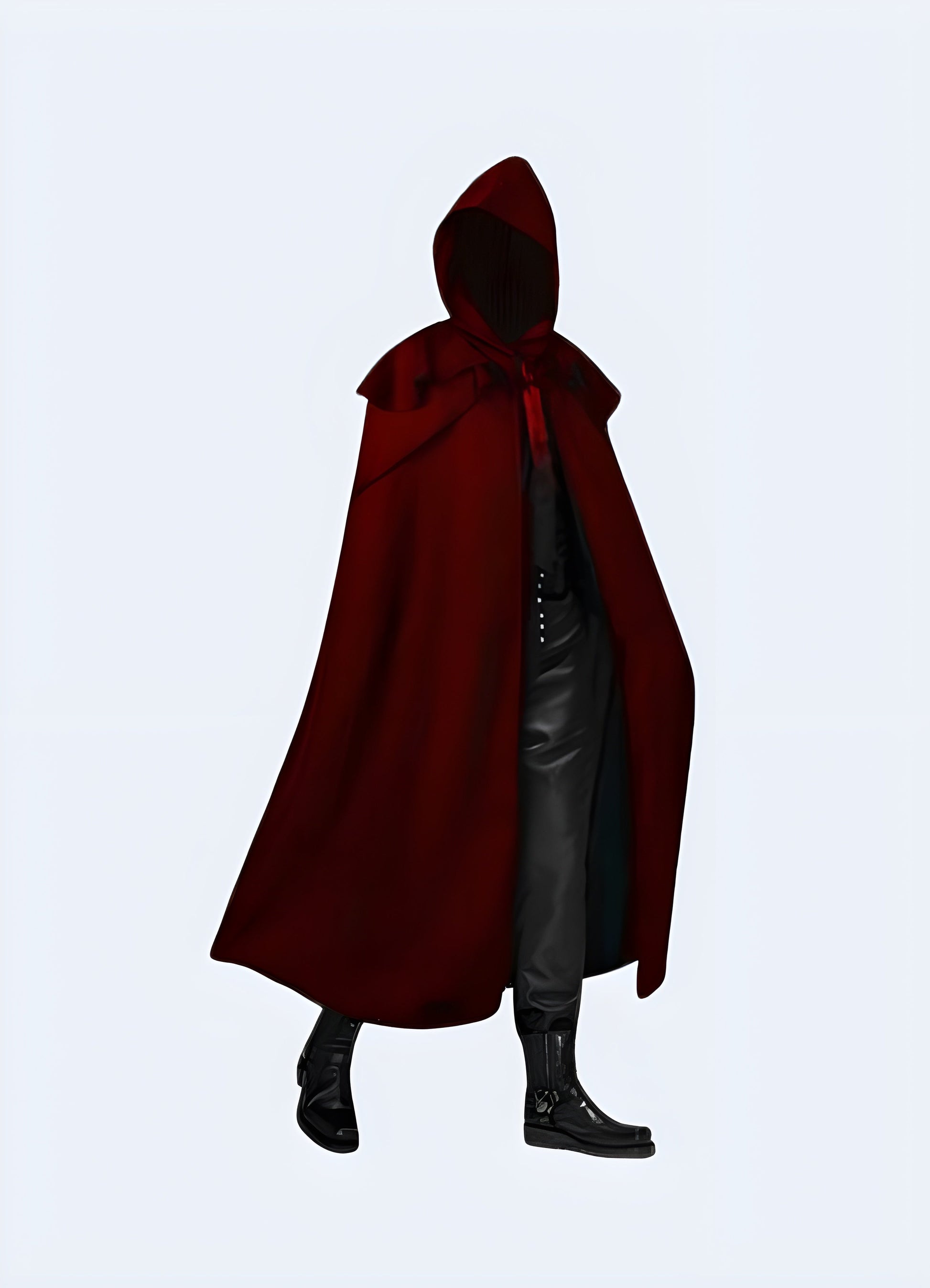 Front view of a man sporting a red dark futuristic hooded cloak, highlighting its eye-catching hue and innovative design, ideal for those who appreciate unconventional and futuristic fashion in the Canada.