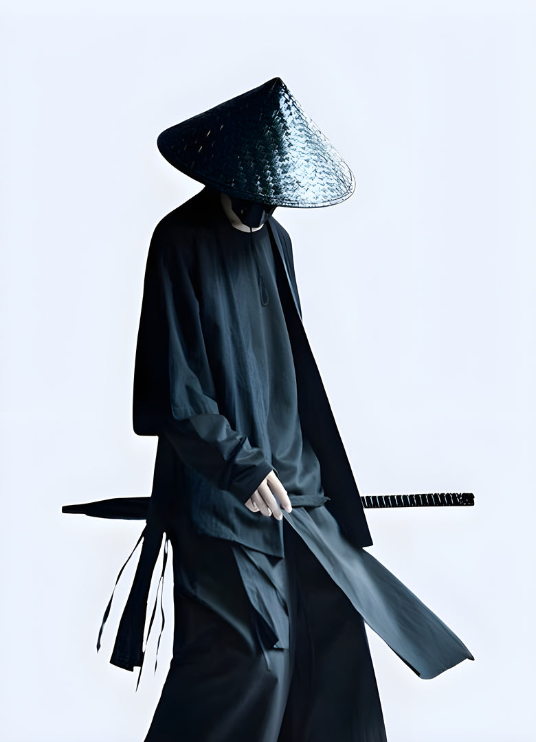 Side view of a man wearing a captivating dark samurai-inspired kimono, showcasing the garment's sleek silhouette, rich textures, and the perfect blend of historical influence with contemporary streetwear style Canada.