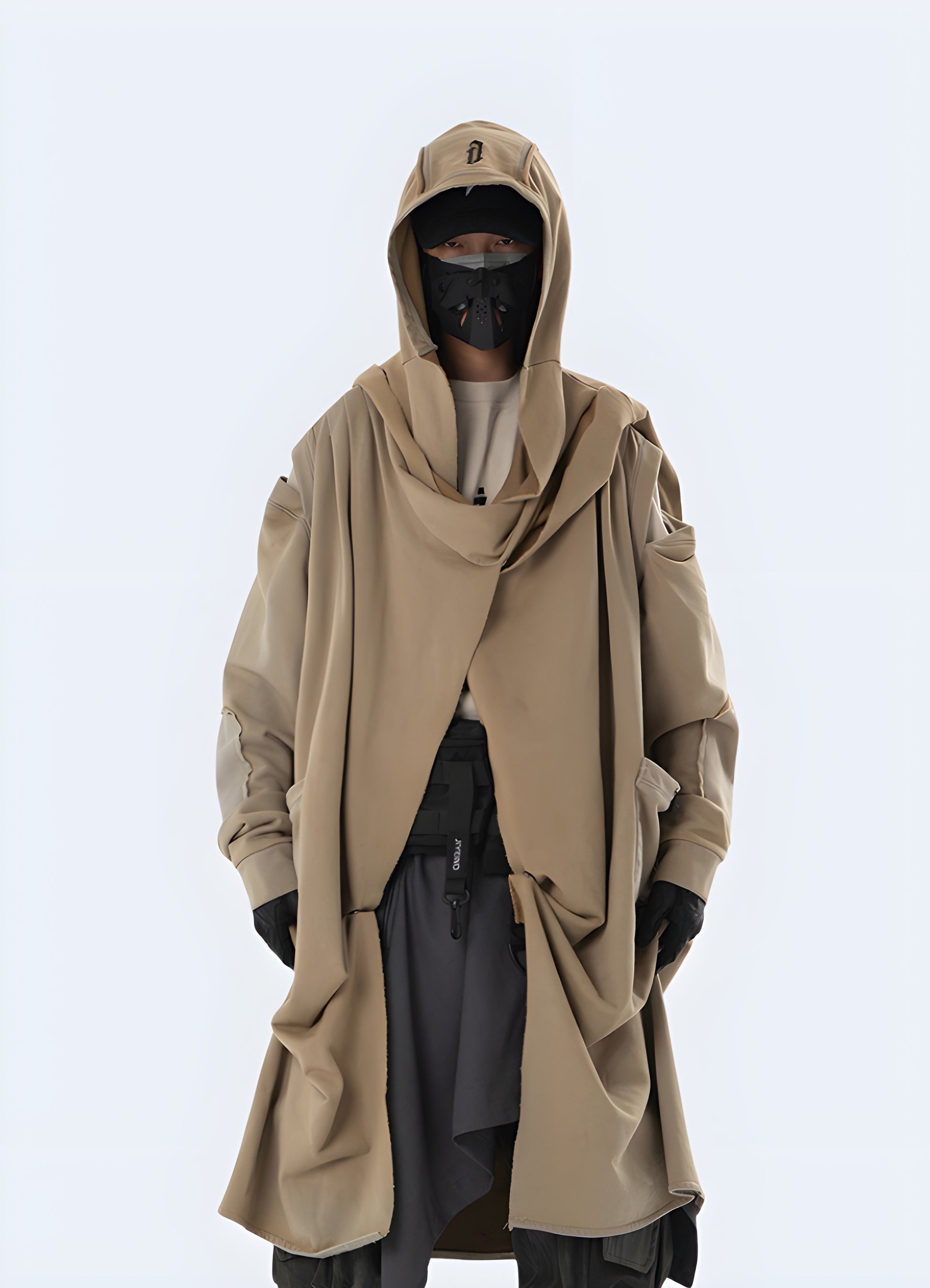 Man wearing a Dune cyberpunk hoodie in front view, highlighting its sleek fit and modern cyberpunk appeal available in Canada.