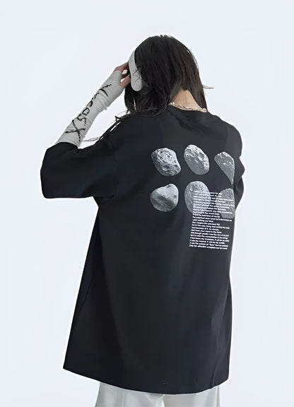 Model showcasing the back view of a dystopian shirt, highlighting its eye-catching graphics and comfortable fit for alternative fashion lovers in the canada.