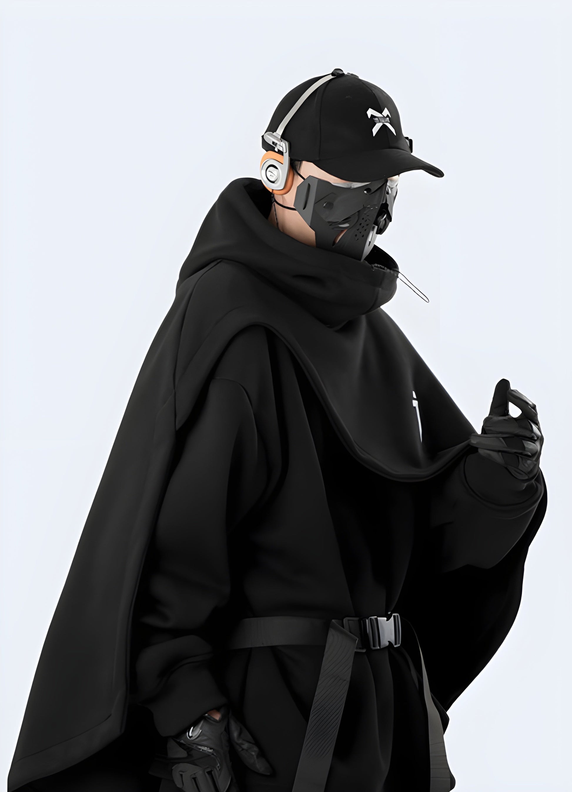 Man wearing functional fake two-piece unisex cape hoodie side view available in Canada, highlighting its modern fit and innovative style.