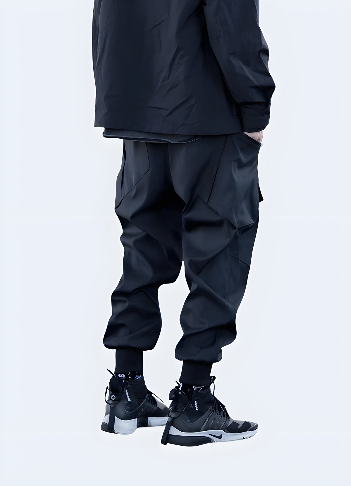 Futuristic Cargo Pants shown from the back with cargo pocket panels