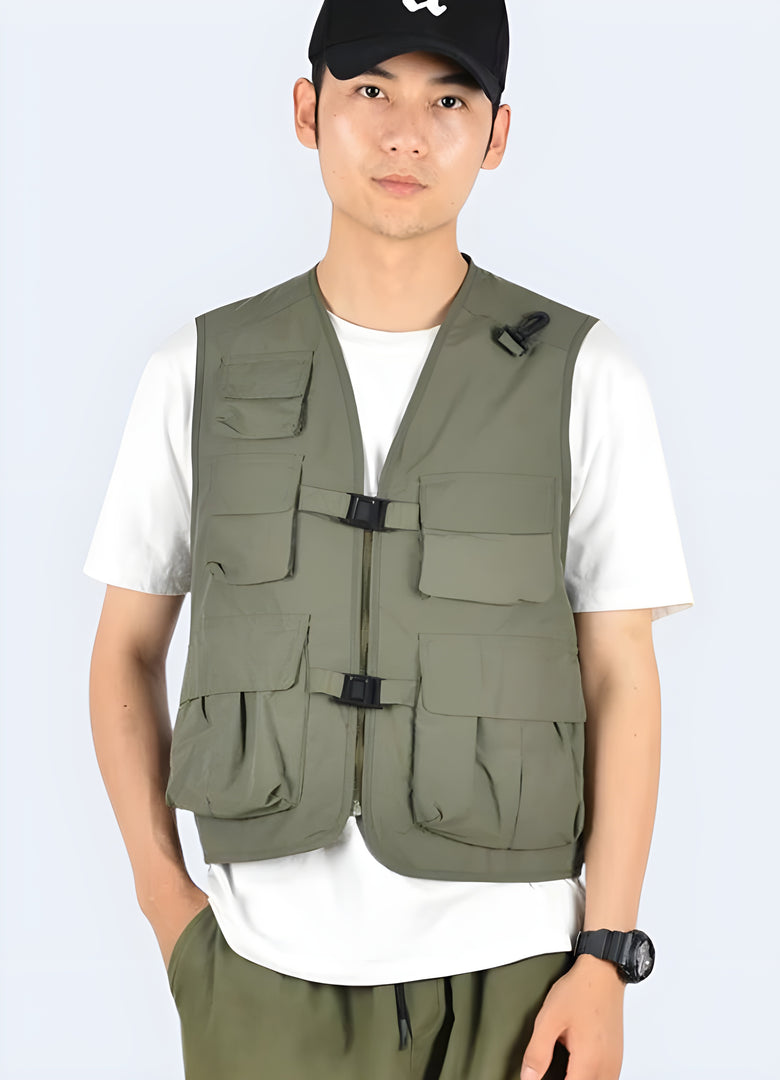 Man wearing a Gorpcore sleeveless vest in green khaki, front view, showcasing its stylish and functional design, available in Canada.