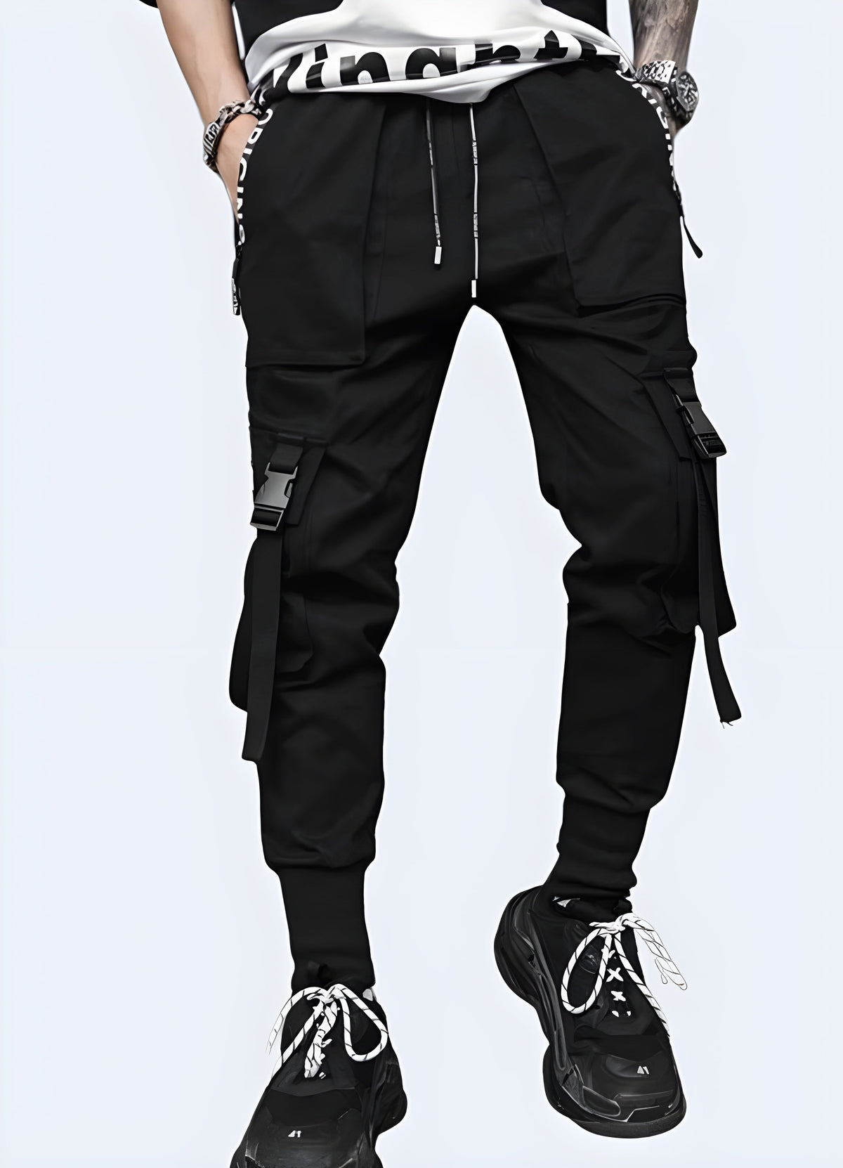 Side view of the Goth Cargo Pants showing the cargo pocket placement and leg line