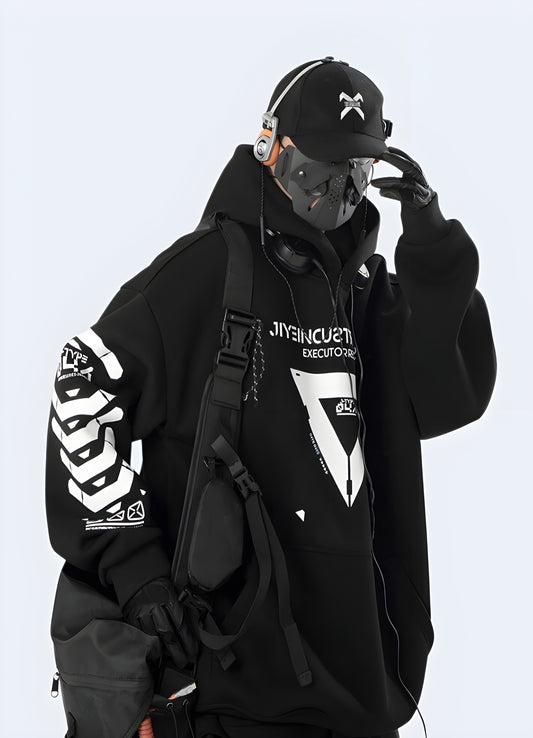 Front view of a person wearing a graphic streetwear hoodie with a vibrant, attention-grabbing design, ideal for expressing individuality and style in urban settings.