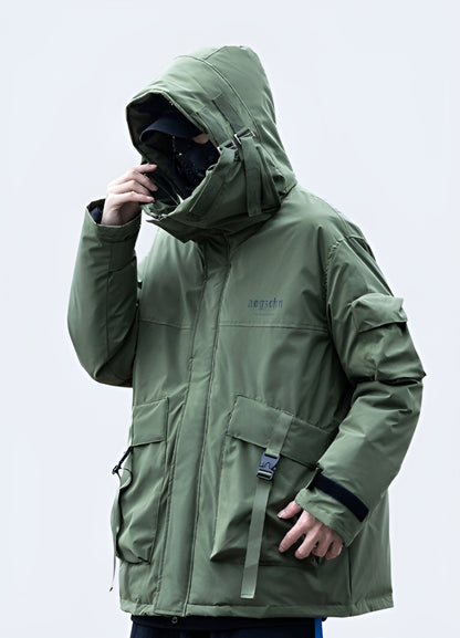 Back view of a man wearing a green techwear jacket, highlighting its sleek silhouette and advanced materials, ideal for active individuals in the CA.