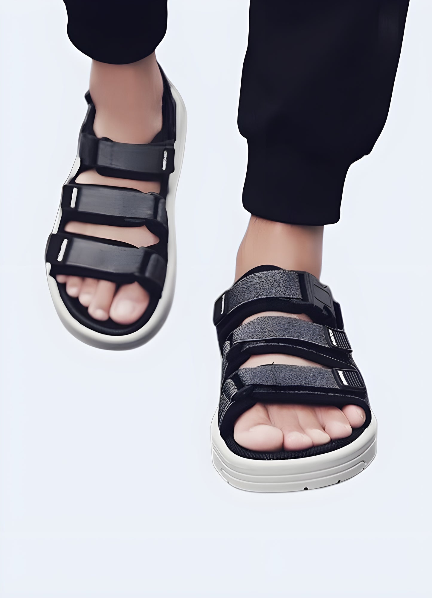 Man wearing grey techwear sandals with platform, front view, available in Canada, emphasizing their contemporary appeal and innovative design.