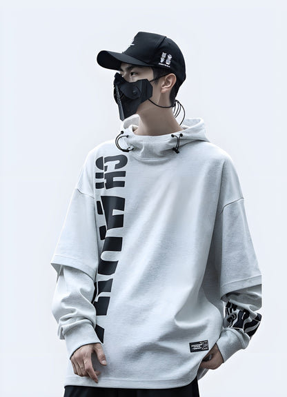 Man wearing Harajuku fashion hoodie in grey, front view, available in Canada, highlighting its modern design and fit.