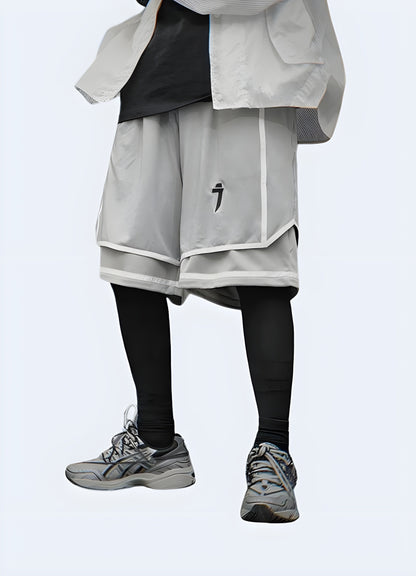 Man wearing hip-hop techwear shorts, front side view, demonstrating the versatility of these stylish shorts for streetwear enthusiasts Canada.