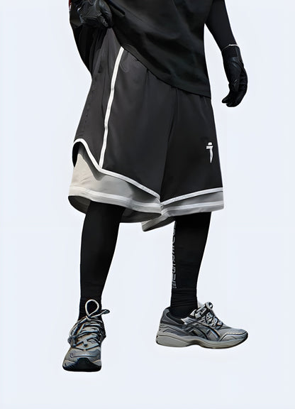 Man wearing trendy hip-hop techwear shorts, front view, showcasing the perfect blend of style and comfort for streetwear.