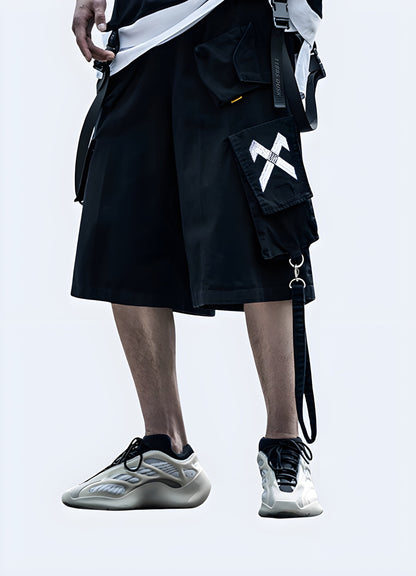 Front view of a man wearing Japanese streetwear shorts, showcasing the distinctive design and cultural influence, perfect for the fashion-forward individual Canada.