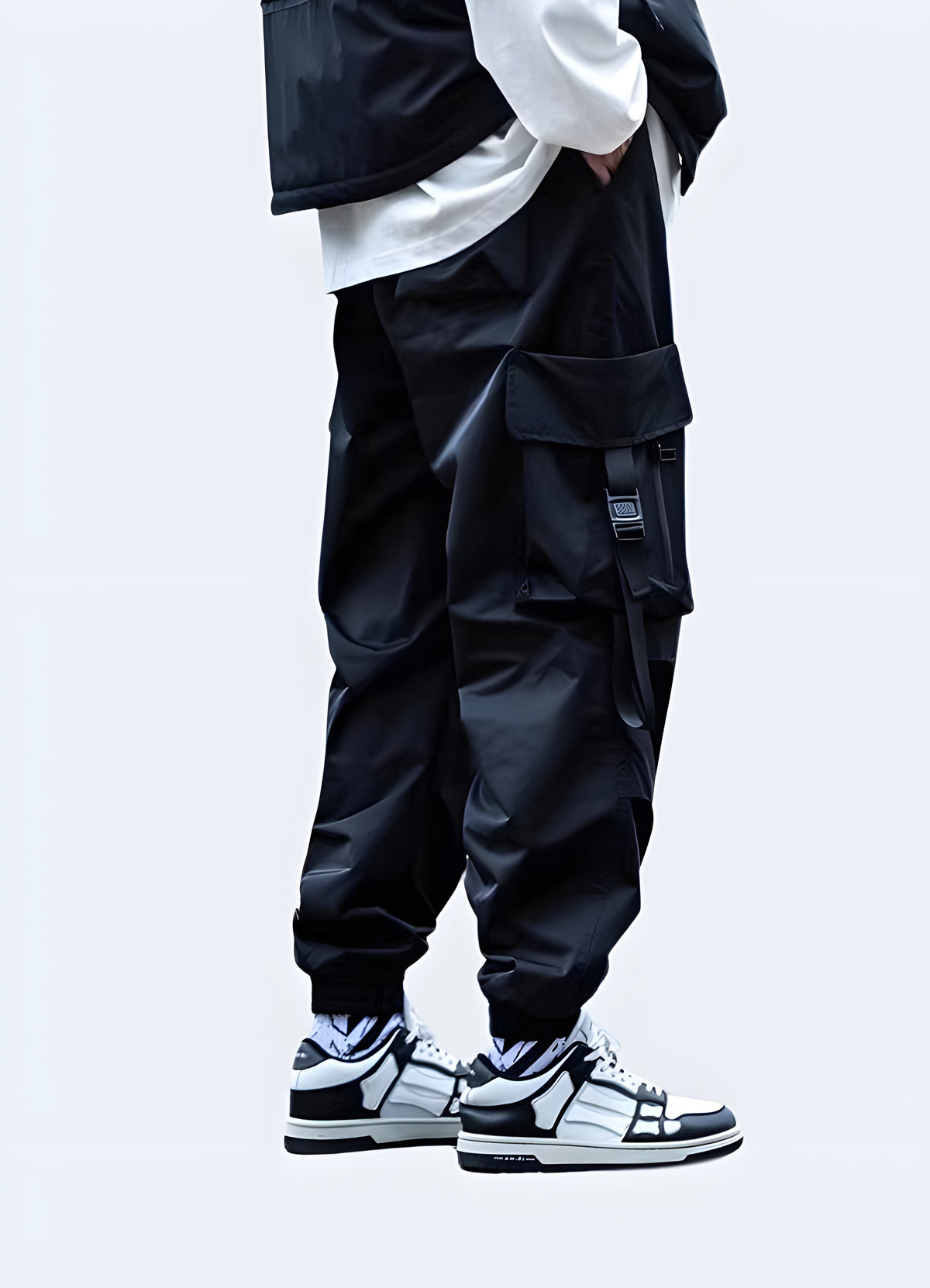 Side view of the techwear cargo pants showing cargo pocket placement