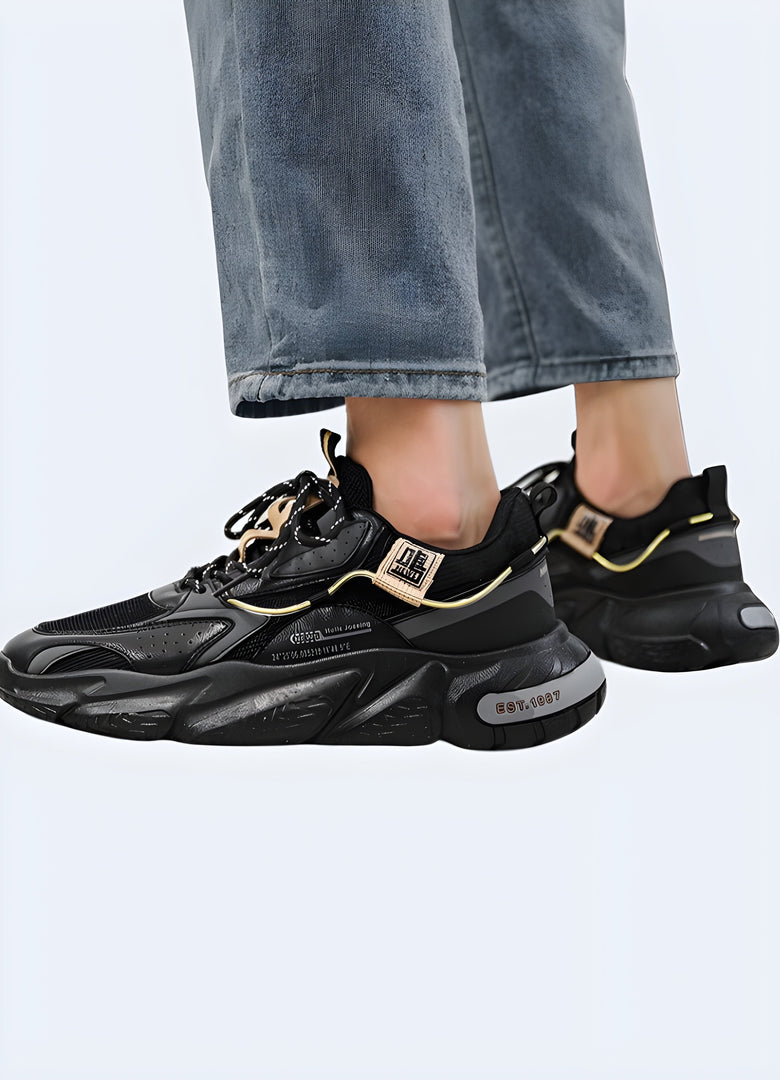 Man wearing Japanese techwear shoes while posing, demonstrating the shoes' style, comfort, and advanced features, ideal for fashion-conscious men in the Canada.