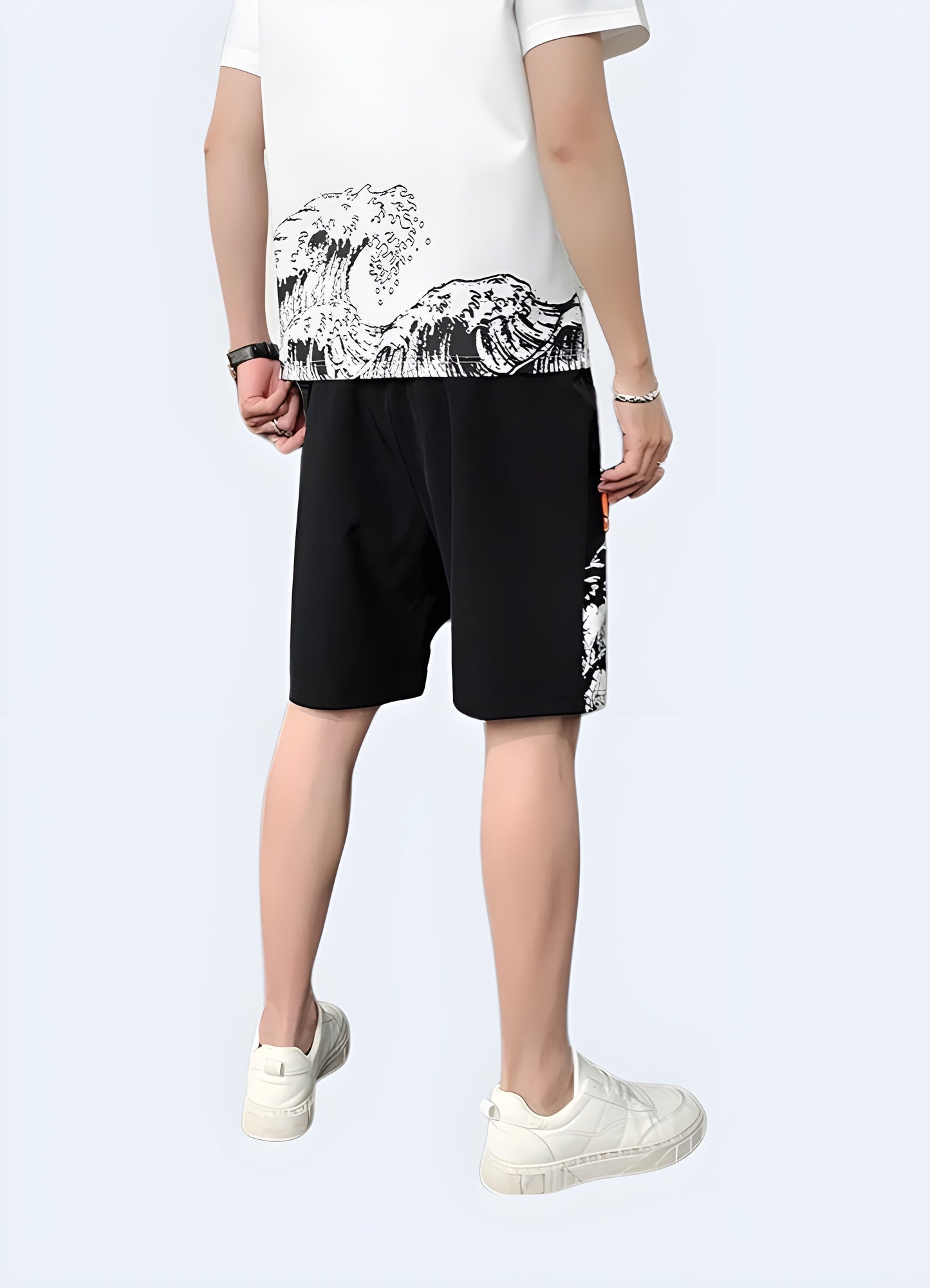 Back view of a man wearing Japanese wave shorts, highlighting the intricate wave pattern and high-quality construction, ideal for making a statement in the Canada urban fashion scene.