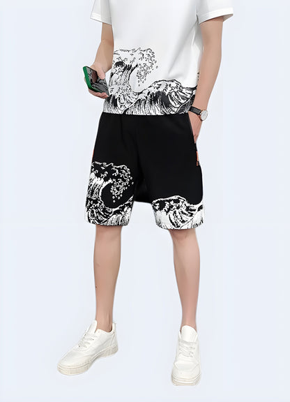 Front view of a man wearing Japanese wave shorts, showcasing the elegant wave design and unique cultural aesthetic, perfect for the fashion enthusiast Canada.