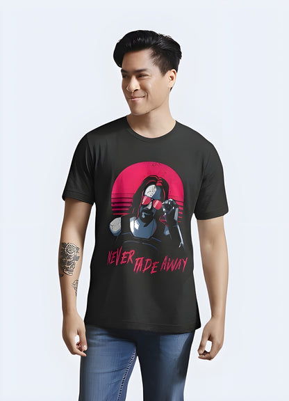 Model sporting a stylish black Johnny Silverhand t-shirt, front view, featuring a striking graphic print of the iconic Cyberpunk 2077 character, perfect for fans of the popular video game looking to showcase their love for the franchise in the canada.