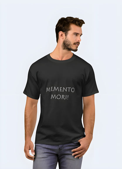 Front view of a man wearing a memento mori shirt, emphasizing its bold message and eye-catching aesthetics for individuals who embrace a deeper perspective on life and fashion in the canada.