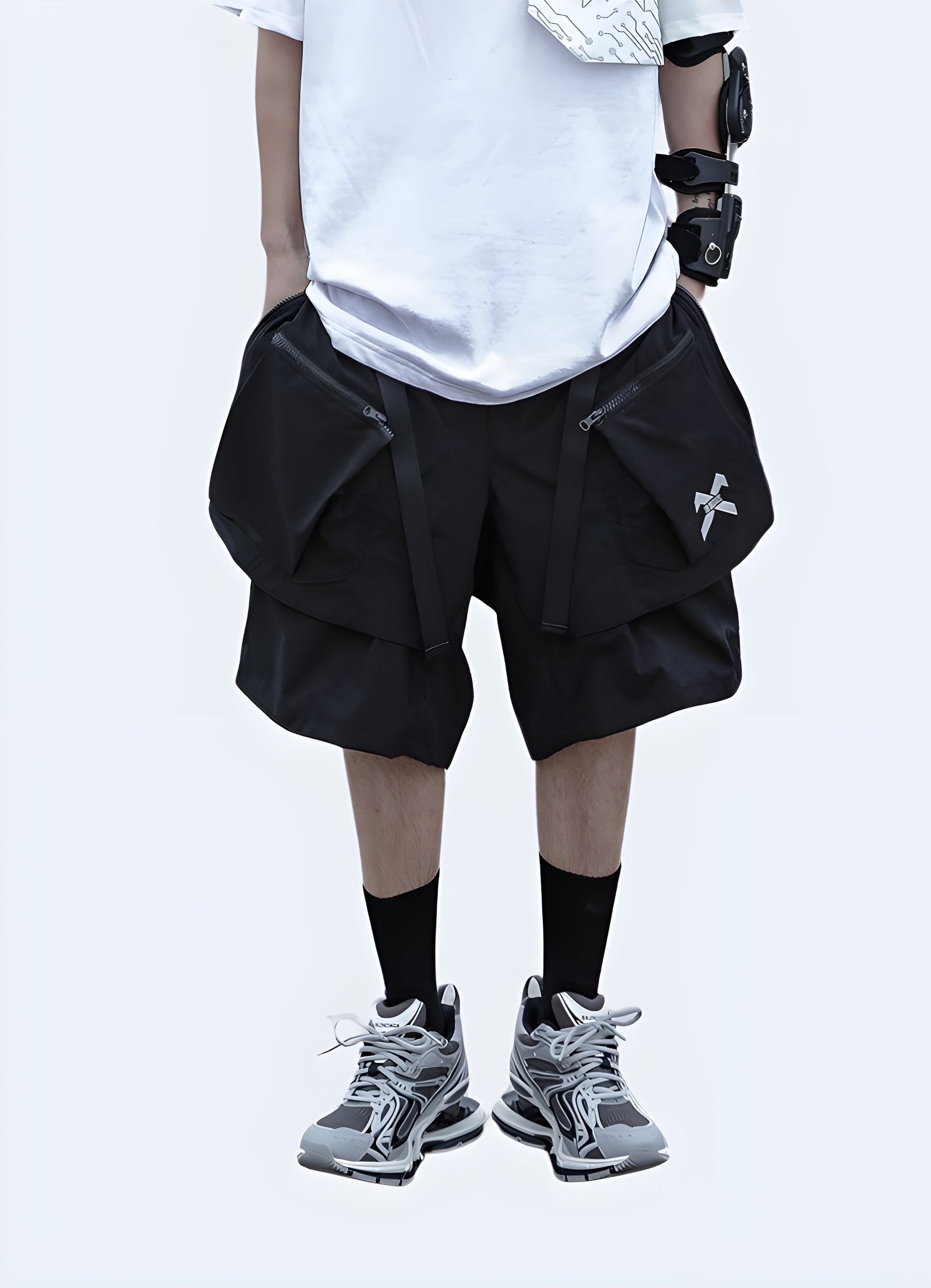 Front view of a man wearing men's reflective shorts, showcasing the eye-catching reflective elements and modern design, perfect for the active individual Canada.