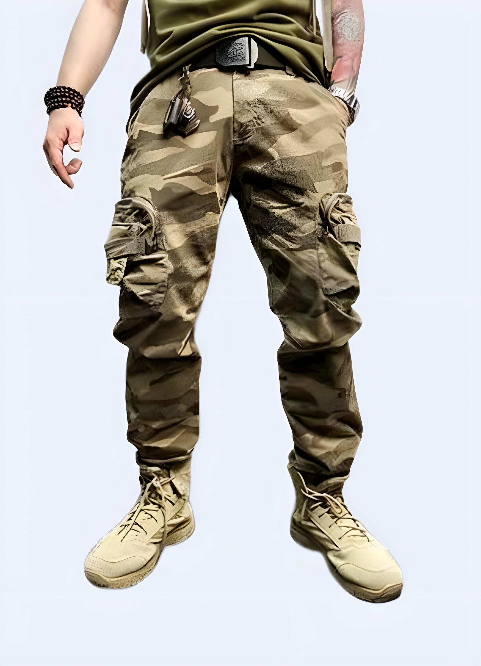 Front view of a model wearing baggy camo cargo pants, demonstrating the trendy oversized fit, classic camo print, and ample storage space suitable for making a statement in Canadian streetwear.