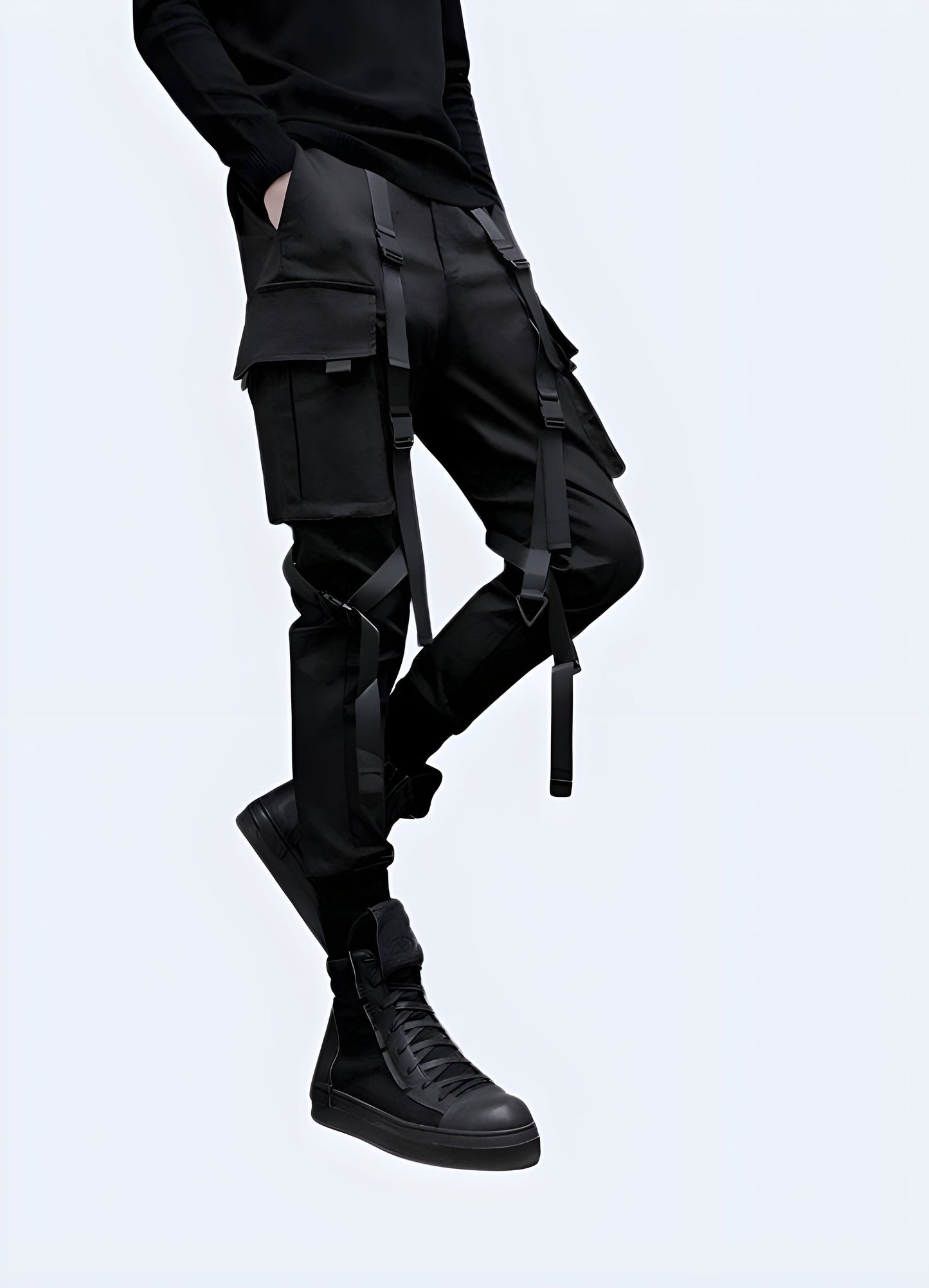 Side view of a man modeling trendy darkwear pants, showcasing the garment's slim fit and unique design elements, perfect for fashion-forward individuals in the Canada embracing the dark fashion aesthetic.